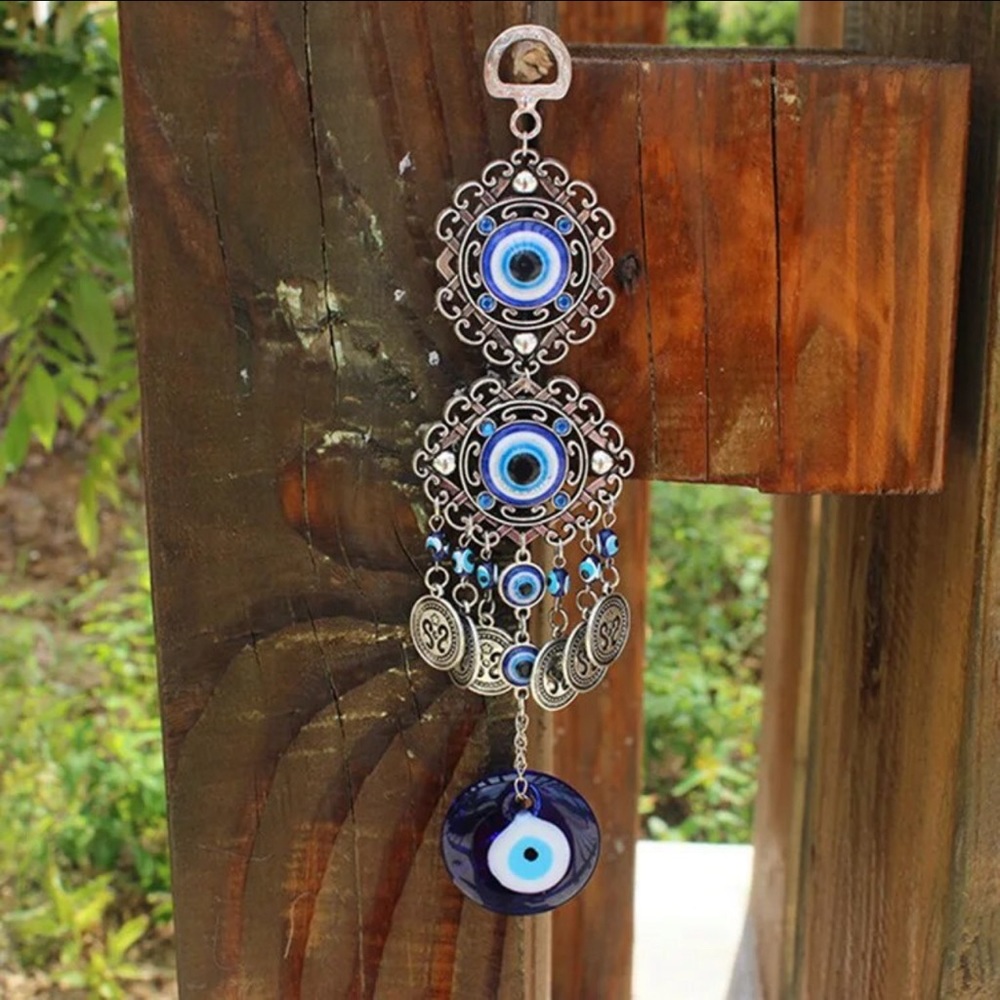 New! Stamped Silver Tin And Hand Painted Glass Evil Eye 🧿 Decor Chimes 🪬
